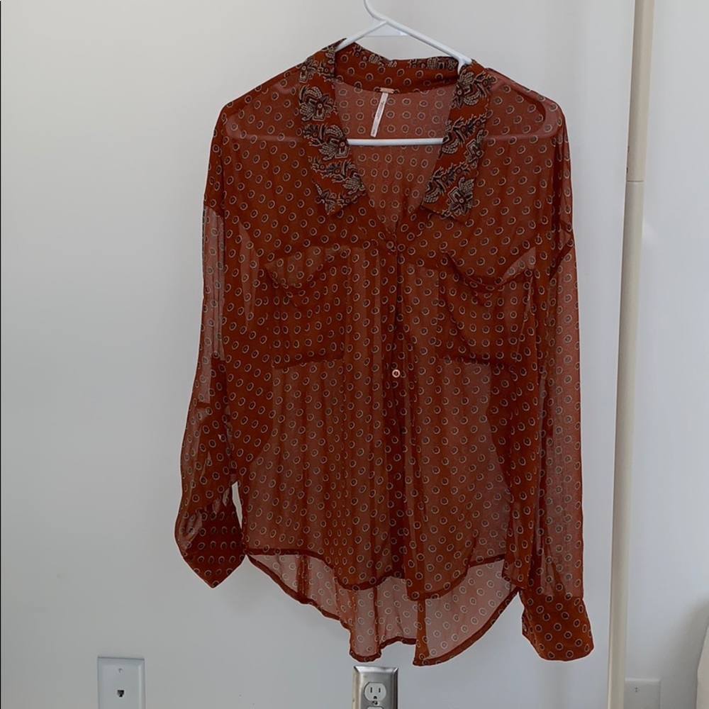 Sheer Free People Blouse Burnt Orange S